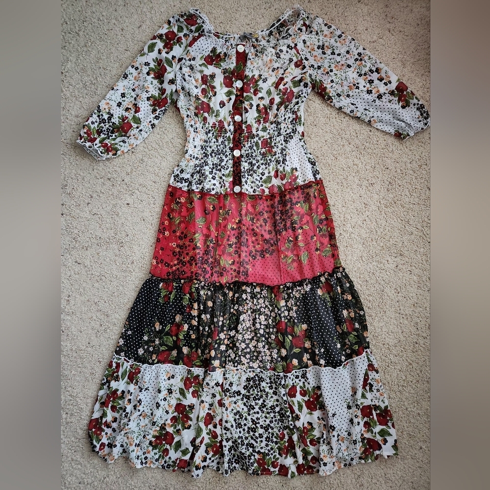 Boho Floral Patchwork Maxi Dress in Red and Black